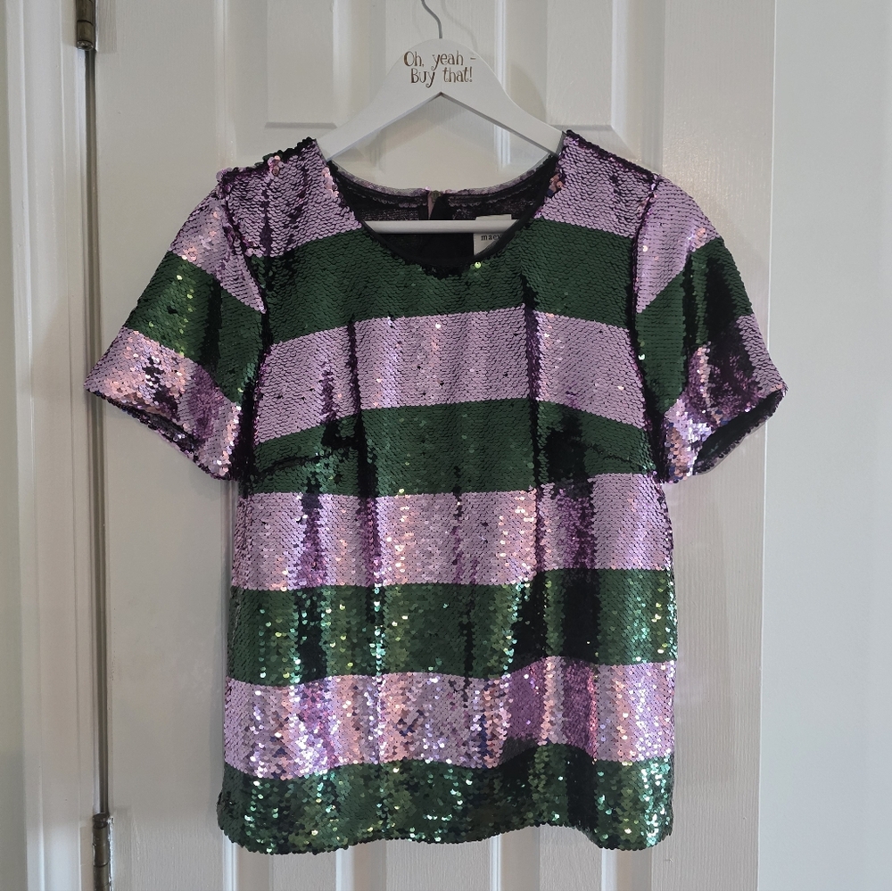 PRISTINE Anthropologie Maeve Sequin T-Shirt Top Size Small Green Pink Lavendar